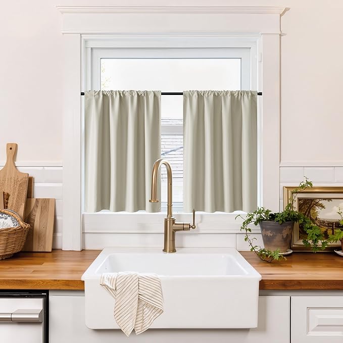 RYB HOME 100% Blackout Short Curtains for Small Window, Thermal Insulated Total Room Darkening Noise Reducing Curtains for Basement Bathroom RV Cars, 29 inches Wide by 30 inches Long, Natural