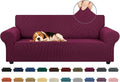 KEKUOU Stretch Sofa Cover Slipcover ，Couch Covers for 3 Cushion Couch Sofa pet Friendly (78"-94") Furniture Protector Sofa with Elastic Bottom for Kids,Dog, Jacquard Small Checked(Large,Wine)