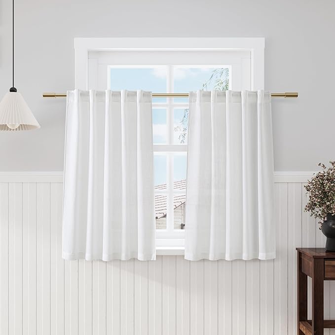 Nanspring Off White Cafe Curtains 45 Inch Length Set 2 Panel Back Tab Pocket Semi Sheer Short Linen White Curtain Tiers for Small Bathroom Window Basement Kitchen Doors 38x45