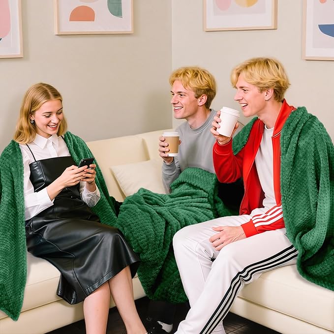 4 Pack Fleece Throw Blankets 50x60 Inches – 270 GSM Ultra Soft Flannel, Oeko-TEX Standard 100 Certified, Lightweight 3D Waffle Texture, No Shedding/Pilling, for Bed, Couch, Sofa, All Season (Green)