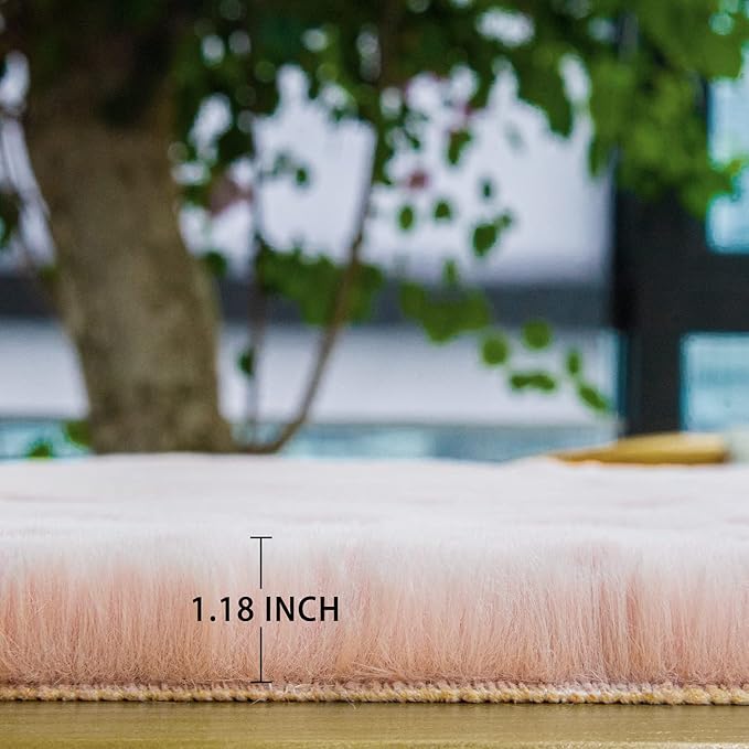 ORINOVA Pink Fluffy Shag Carpet Faux Bunny Washable Plush Fur Area Rugs for Bedroom 4x6 Nursery Rug for Living Room