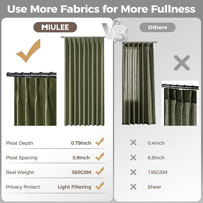 MIULEE Pinch Pleated Thick Linen Curtains 102 Inches Long 2 Panels for Living Room Bedroom, Memory Trained Drapes Pleat Back Tab Light Filtering Boho Sage Green Window Curtains with Hooks