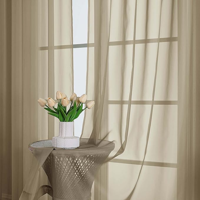 OWENIE Sheer Taupe Curtains, Sheer Curtains 63 inch Length 2 Panels Set, Rod Pocket Voile Fimly Sheer Drapes for Living Room Bedroom, 2pcs, Taupe, Each 59" W x 63" L