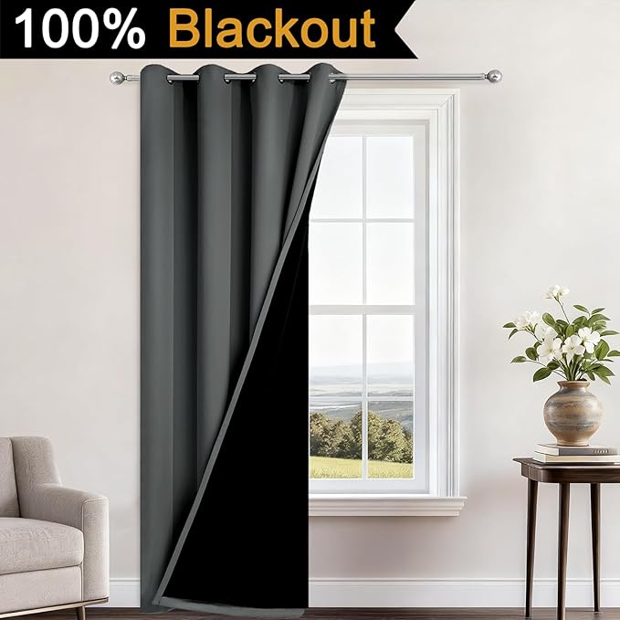 Yakamok 100% Blackout Curtains 96 Inches Long, 2 Thick Layers Heat and Full Light Blocking Soft Thermal Insulated Drapes for Bedroom(52" Wide Each Panel, Dark Grey, 1 Panel)