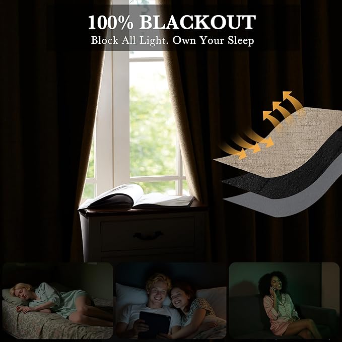 RYB HOME Burlap 100% Blackout Short Curtains 52 Width 45 inch Length, Light Blocking & Thermal Insulated Curtains for Kitchen/Small Window/Bathroom/Basement, 2 Panels