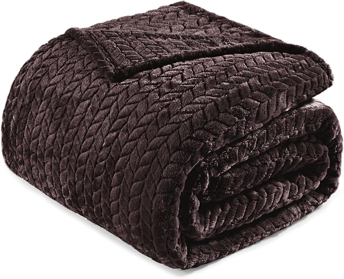 Exclusivo Mezcla Fleece Queen Size Blanket for Bed, 90x90 Inches Soft Cozy Jacquard Flannel Blankets, Lightweight Fuzzy Plush Warm for Women, Coffee