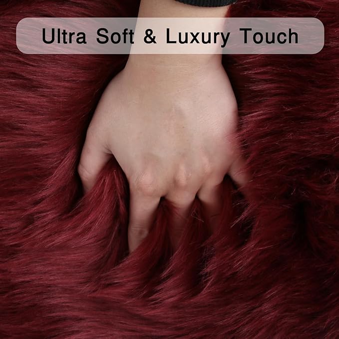 duduta Burgundy Faux Fur Round Rug 4x4 ft, Fluffy Shag Sheepskin Circle Rug for Nursery Bedroom Living Room Washable