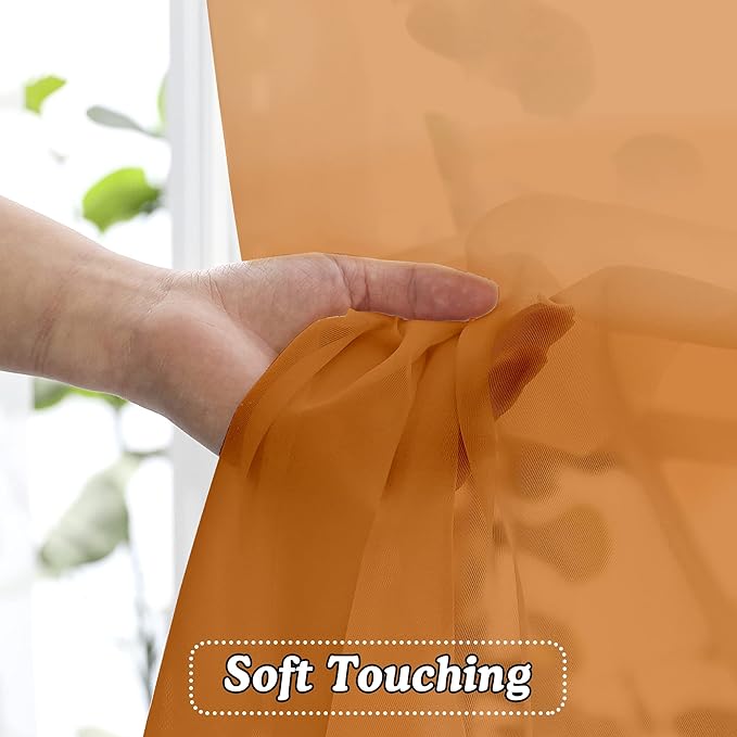 OVZME Orange Sheer Curtains 63 inch Length 2 Panels for Bedroom Living Room, Light Filtering Dual Rod Pocket Voile, Each 42 Width by 63 Length