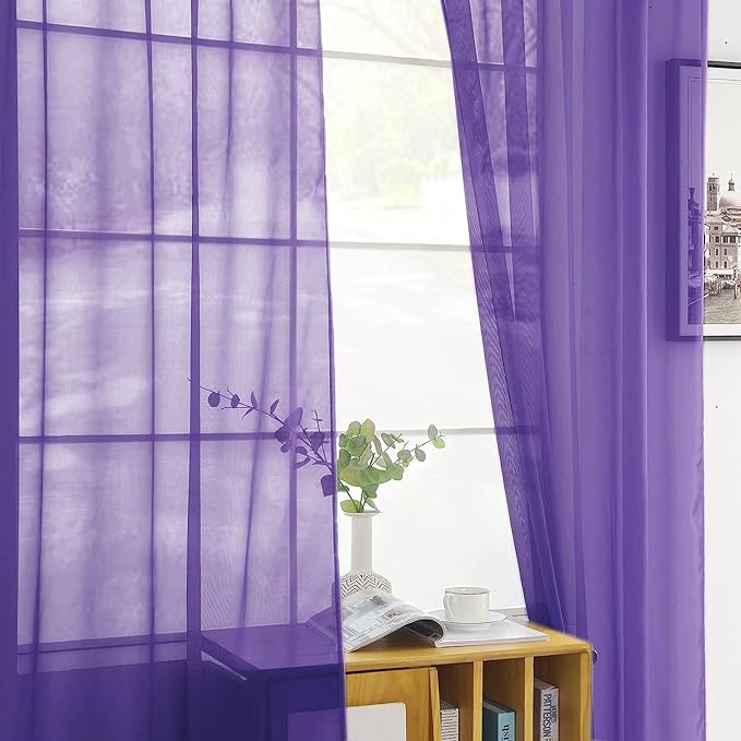 SpaceDresser Sheer Voile Window Treatment Rod Pocket Curtain Panels for Kitchen Bedroom Living Room Drapes Sunlight Filtering Privacy Semi Home Decor Assorted (Purple, 52 W x 84 L)