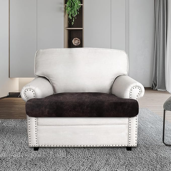 Leather Look Couch Cushion Covers Sofa Seat Slipcovers Sets Couches Furniture Protector for Sectional Armchair Loveseat Pets Kids Stretch Spandex Fabric (1 T-Cushion Armchair, Chocolate)