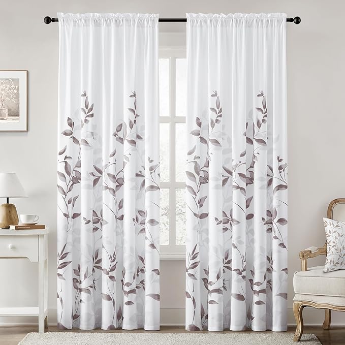 HOMEIDEAS Non-See-Through Dry Rose and White Privacy Sheer Curtains 52 X 84 Inch Length 2 Panels, Leaf Floral Printed Light Filtering Semi Sheer Window Curtains Drapes for Bedroom Living Room
