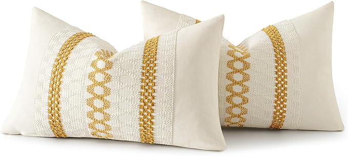 MIULEE Set of 2 Mustard Yellow Boho Decorative Lumbar Pillow Covers 12x20 Inch Farmhouse Rustic Couch Throw Pillows Modern Cotton Cushion Covers Retro Macrame Woven Spring Decor for Bed Sofa Chair
