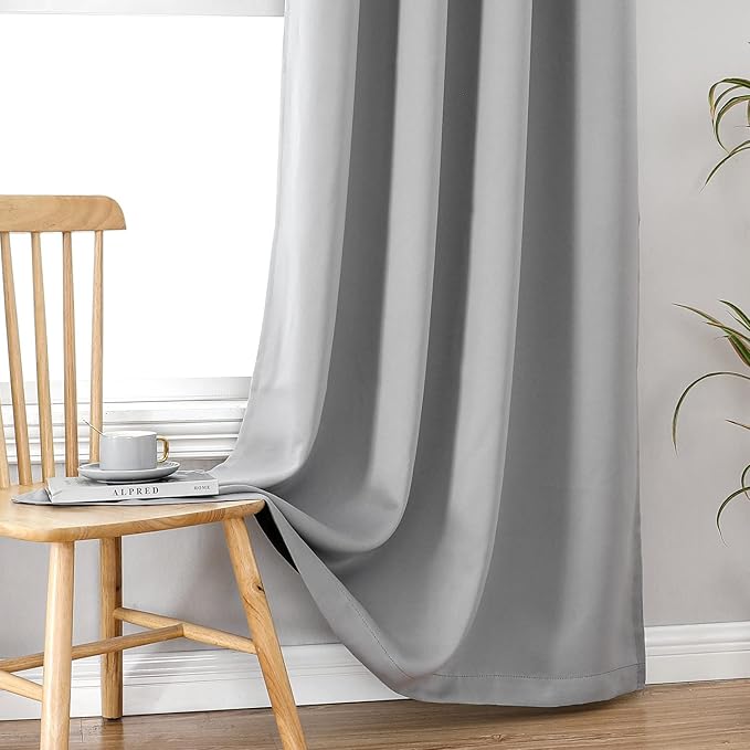 ChrisDowa 100% Blackout Curtains for Bedroom with Black Liner, 2 Thick Layers Total Blackout Thermal Insulated Grommet Window Curtains 84 Inch Long 2 Panels Set (Light Grey, 42 x 84 Inch)