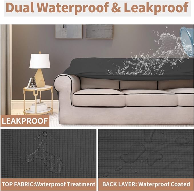 Easy-Going 100% Waterproof Oversized Loveseat Couch Cover, Dual Waterproof Sofa Cover, Stretch Jacquard Sofa Slipcover, Leakproof Furniture Protector for Kids, Pets, Dog and Cat, Dark Gray