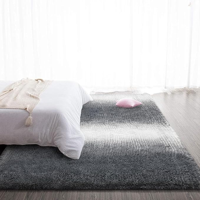 TWINNIS Super Soft Shaggy Rugs Fluffy Carpets, 5x8 Feet, Indoor Modern Plush Area Rugs for Living Room Bedroom Kids Room Nursery Home Decor, Upgrade Anti-Skid Rectangular Fuzzy Rug, Grey White