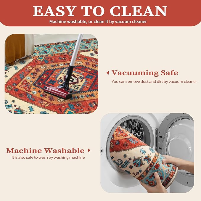 SERISSA 7x9 Area Rugs for Living Room, Large Washable Non-Slip Boho Rug, Ultra Soft Vintage Orange Oriental Tribal Print Distressed Carpet for Dining Room Bedroom Dorm Office Home Decor