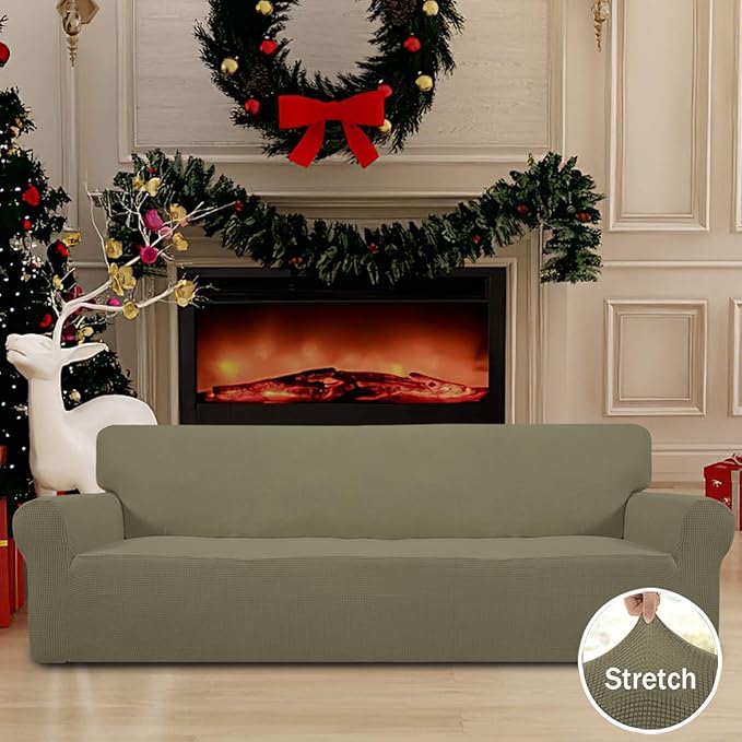 Easy-Going Stretch 4 Seater Sofa Slipcover 1-Piece Sofa Cover Furniture Protector Couch Soft with Elastic Bottom for Kids, Polyester Spandex Jacquard Fabric Small Checks Khaki
