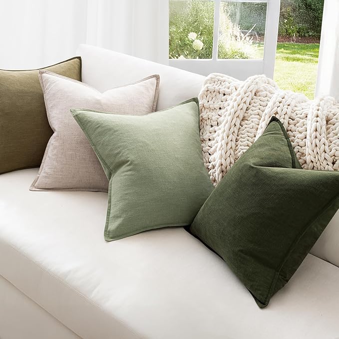 MIULEE Green and White Pillow Covers Pack of 4 Decorative Natural Solid Throw Pillow Covers Soft Accent Boho Farmhouse Couch Pillowcases Modern Spring Decor for Living Room Bed Sofa 20x20 Inch