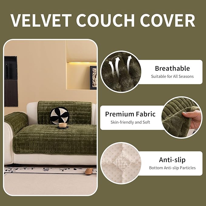 Velvet Couch Cover, Washable Sectional Sofa Cover, Anti Slip Sofa Slipcover for 3 Cushion Couch Sofa L Shaped Armrest Backrest, Furniture Protector Covers for Pets Kids(1PC, Green, 28"×28")