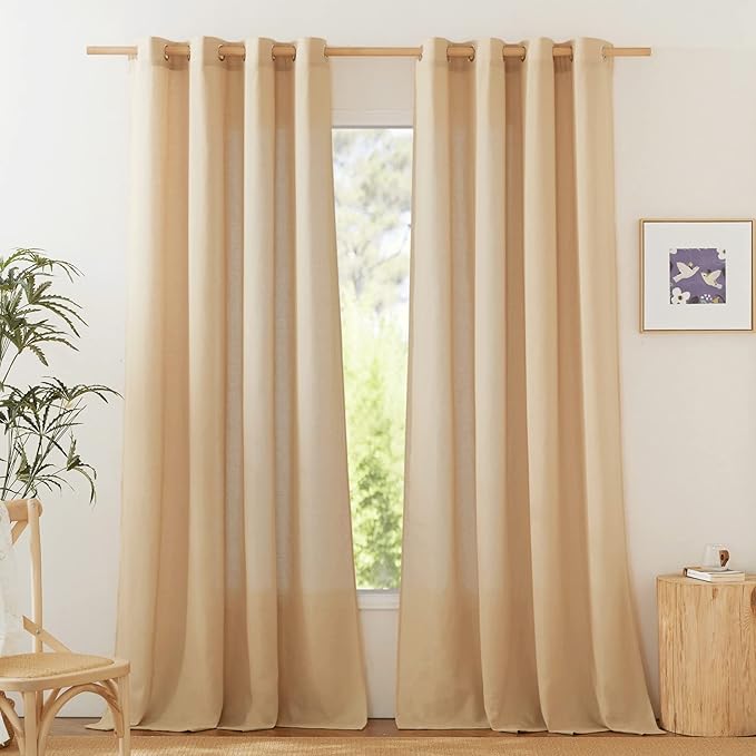 NICETOWN Linen Flax Semi Sheer Curtains 92" Length, Grommet Window Treatments Privacy Added with Light Penetration Vertical Drapes for Loft/Home Office, Burlap, W55 x L92, 2 Panels