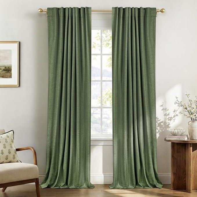 100% Blackout Shield Linen Blackout Curtains for Bedroom 102 Inches Long, Back Tab/Rod Pocket Living Room Drapes, Thermal Insulated Blackout Curtains 2 Panels Set, 50" W x 102" L, Olive Green