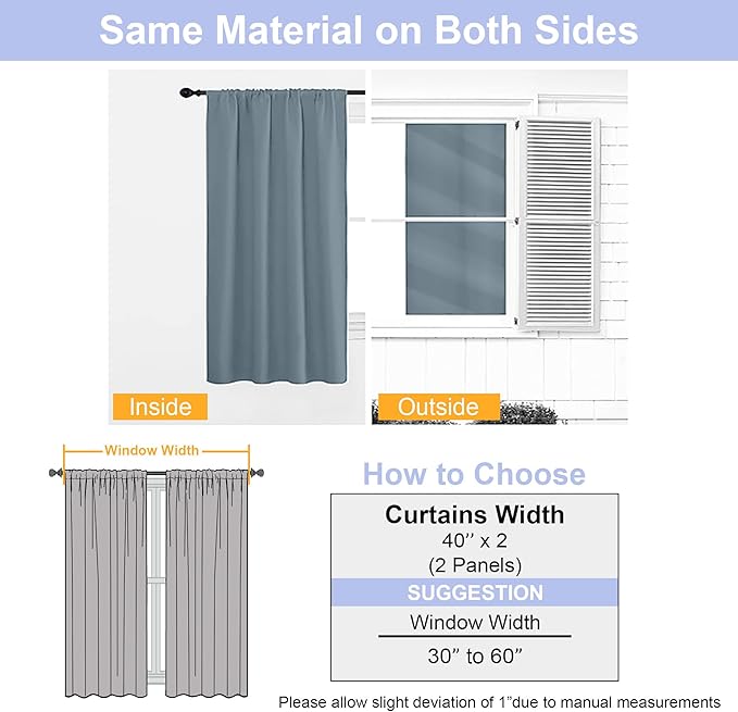 Simplebrand Ava Stone Blue Short Blackout Curtains for Bedroom 45 Inches Long 2 Panels Set, Solid Thermal Insulated, Energy Saving Window Treatment Curtains Blackout Drapes, W40 x L45 Inch, Stone Blue