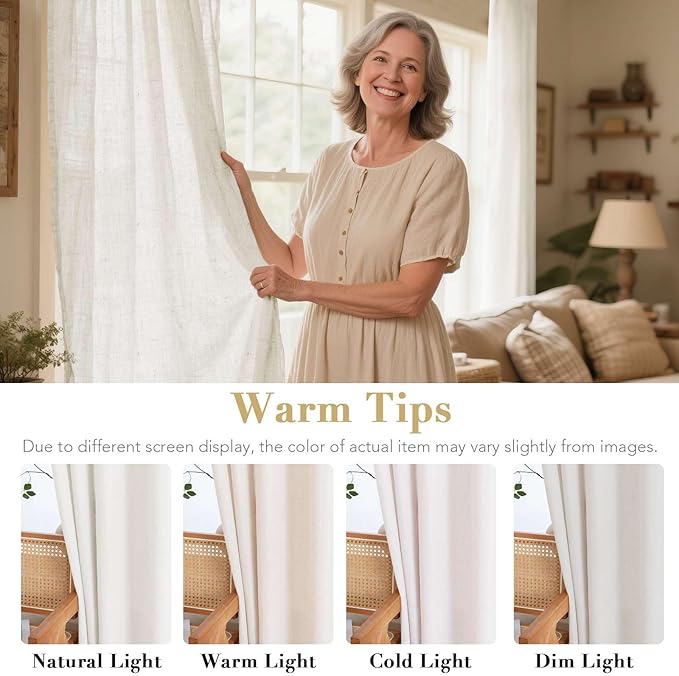 H.VERSAILTEX Natural Linen Grommet Curtains 84 Inch Length for Living Room 2 Panel Drape Semi Sheer Neutral Country Rustic Farmhouse Boho Curtain Bedroom Muslin Look Light Filtering, Heathered Natural