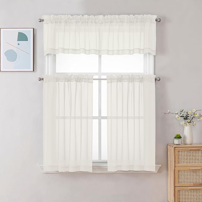 Chyhomenyc Ivory Sheer Curtains 30 inch Length 2 Panels, Light Filtering Voile Rod Pocket Short Window Curtians for Bathroom Living Room Farmhouse Small Windows, 42Wx30L inches