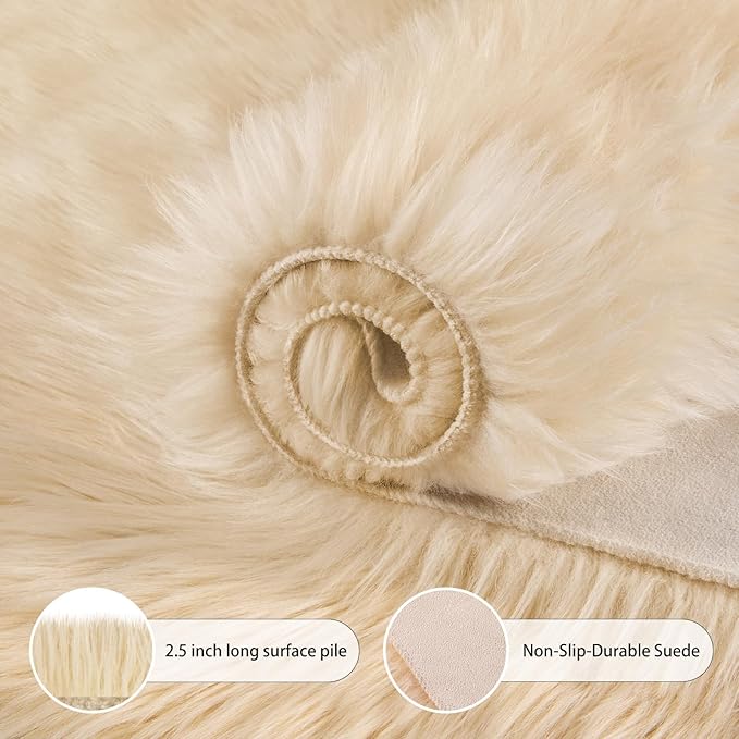Ciicool Round Fur Fluffy Area Rug for Bedroom, Beige Faux Fur Rugs Furry Circle for Kids Room, Cute Furry Nursery Carpet, Plush Shag Circular Rugs Floor Carpets for Teen Girl Room, 3x3 Ft