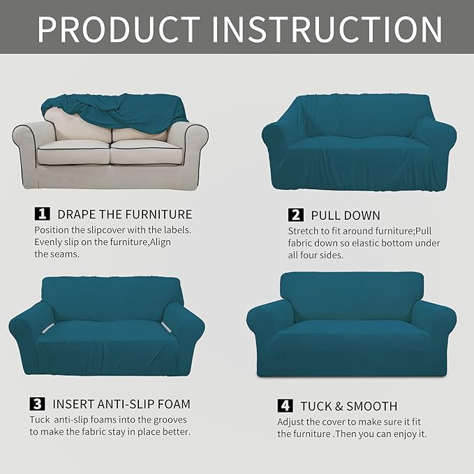 Easy-Going Stretch Sofa Slipcover 1-Piece Sofa Cover Furniture Protector Couch Soft with Elastic Bottom for Kids, Polyester Spandex Jacquard Fabric Small Checks (Sofa, Peacock Blue)