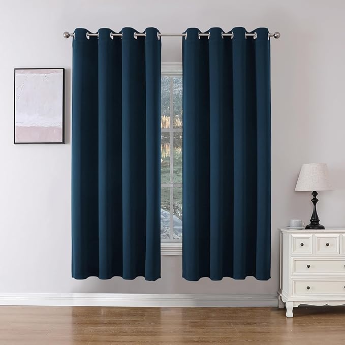 Joydeco Blackout Curtains 63 Inch Length 2 Panels Set, Thermal Insulated Long Curtains& Drapes 2 Burg, Room Darkening Grommet Drapes for Bedroom Living Room Window (Navy Blue, W52 x L63 Inch)