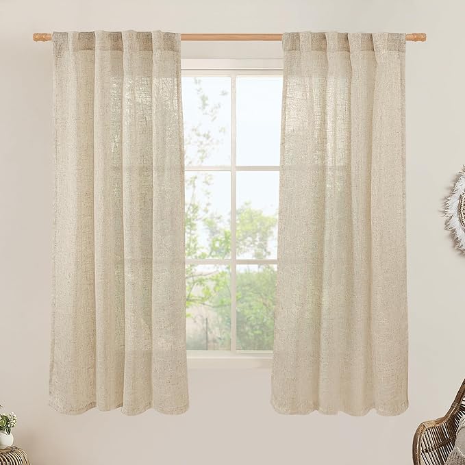 LAMIT 60 Inch Length Window Linen Curtains, Semi Sheer Light Filtering Panels Back Tab and Rod Pocket Drapes for Bedroom/Living Room, Linen, 2 Panels, 34 x 60 Inch