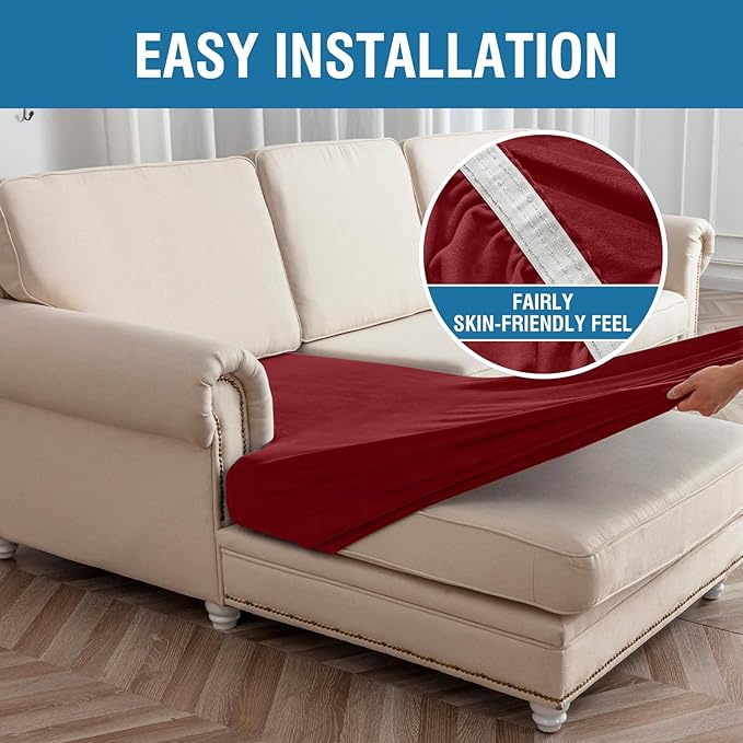 Couch Cover 6-Piece Elastic Velvet Couch Cushion Covers & Chaise Slipcovers for L-Shaped Sofas, Sofa Seat Covers Washable, Soft Cover for Couches (5 Seater + Chaise, Christmas Red)