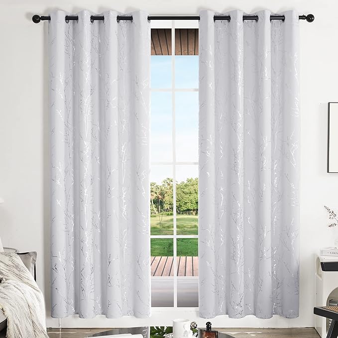 Deconovo Greyish White Curtains, Room Darkening Curtain, Thermal Insulated Soundproof Drapes, Silver Branch Print, 52 x 84 Inch Long, Grommet Window Panels for Living Room Bedroom Patio Door, Set of 2