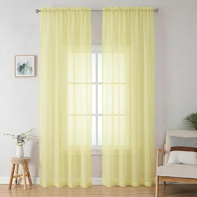 OWENIE Sheer Curtains 90 inches Long 2 Panels Set for Living Room/Bedroom, Rod Pocket Voile Sheer Panel Drapes, Airy Soft Fabric Window Treatments, 2pcs, Each 42" W x 90" L, Light Yellow