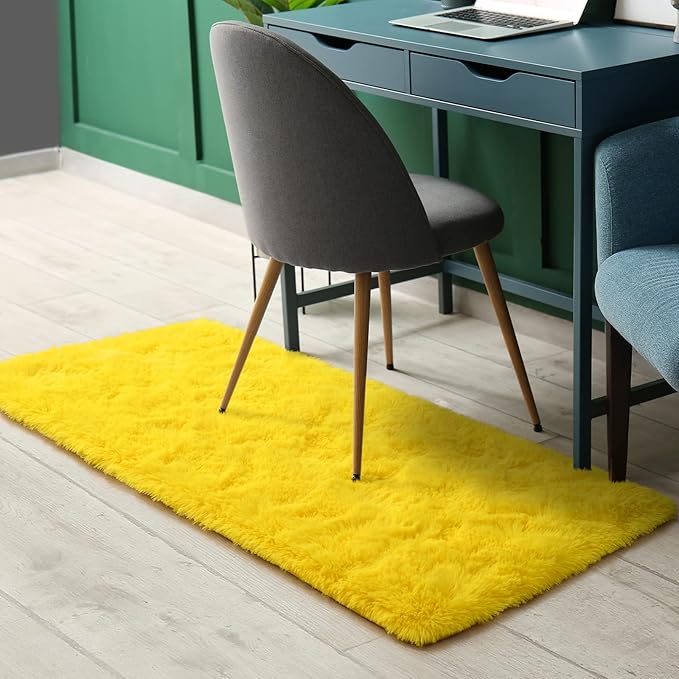 Amearea Shag Fluffy Small Rug, 2x4 Feet Throw Rugs for Bedroom Girls Living Room, Extra Soft and Fuzzy Shaggy Carpet, Non Slip, Solid Color Nursery Home Floor Decor Carpets, Yellow