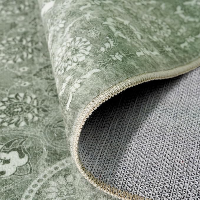 3x20 Washable Hallway Runner Rug - Non Slip Kitchen Runner Rugs with Rubber Backing Vintage Low-Pile Carpet Runners for Entryway Dining Room Laundry Room Home Decor (Muted Sage Green)