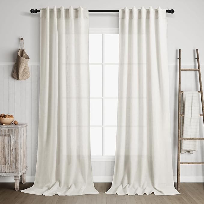 Cream Linen Curtains 108 inches Long for Bedroom 2 Panel Set Back Tab Light Filtering Privacy Sheer Curtains 9 FT Farmhouse Decor Cotton Textured Gauze Curtain for Sunroom Picture Window 36x108