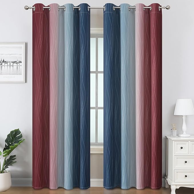 Estelar Textiler Navy Blue and Burgundy Red Ombre Blackout Curtains 90 Inch Length for Living Room, Room Darkening Grommet Gradient Thermal Insulated Drapes for Bedroom,52Wx90L Inches (2 Panels)