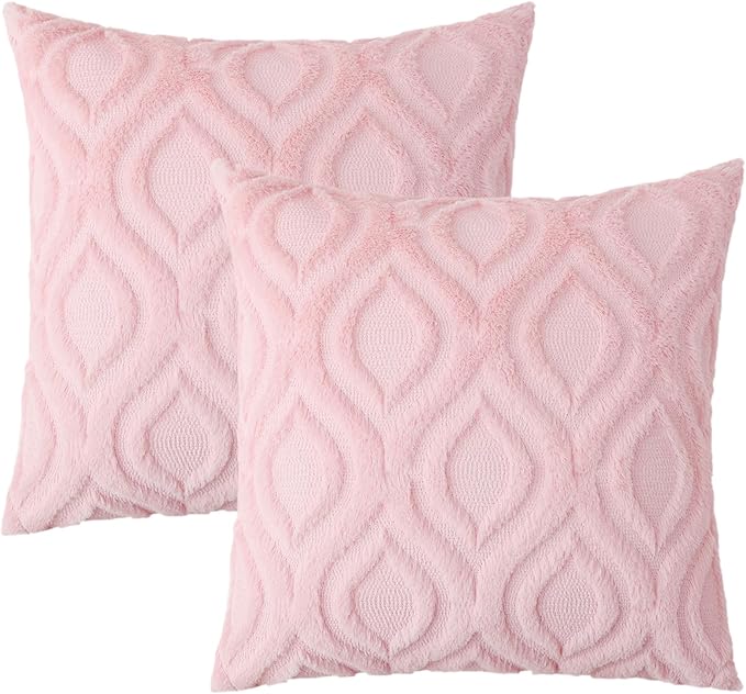 decorUhome Summer Throw Pillow Covers 18x18 Inch Set of 2, Soft Plush Faux Wool Light Pink Solid Couch Pillow Covers, Accent Farmhouse Neutral Square Pillow Cases for Sofa Bed Living Room