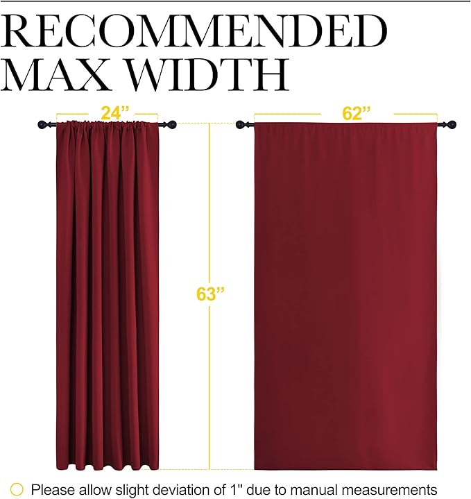 NICETOWN Christmas Patio Door Blackout Curtains, Noise Reducing Curtains and Drapes with Rod Pocket for Wide Window (62" Wide by 63" Long, Burgundy Red, 2 Panels)