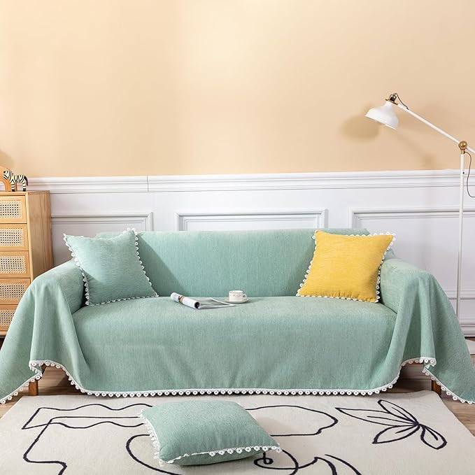 HANDONTIME Cute Sofa Covers Light Green Couch Covers for 3 Cushion Couch Sofa with White Daisy Lace Green Sofa Slipcovers Chenille Couch Cover for Dogs Sectional Sofa L Shape Futon Cover, 71" X118"