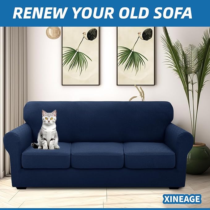 XINEAGE 2026 New 4 Pieces Couch Covers for 3 Cushion Couch Super Stretch Thick Soft Sofa Cover Anti Slip Sofa Slipcover Dogs Cats Furniture Protector (Navy Blue, 71"-91")