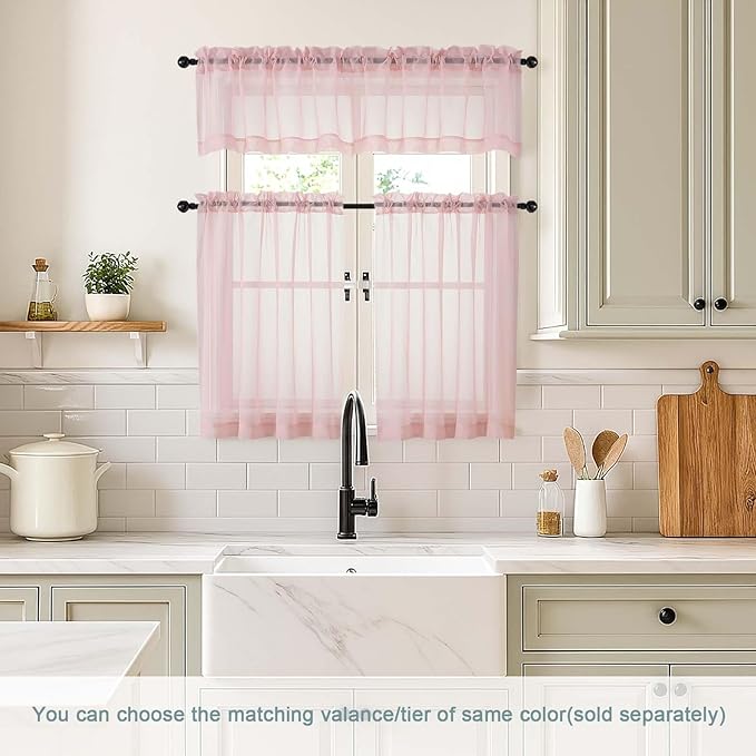 Blush Pink Small Sheer Curtains Tier 24 Inches Length 2 Pieces, Light Filtering Cafe Curtains for Living Room Bathroom, Modern Window Treatments Dual Rod Pocket Panels, 2X42Wx24L Inches