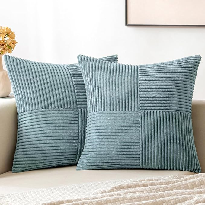 MIULEE Sky Blue Decorative Throw Pillow Covers 20x20 Inch for Couch Bed Sofa Pack of 2 Boho Farmhouse Throw Pillows Soft Cross Corduroy Patchwork Textured Cushion Cases