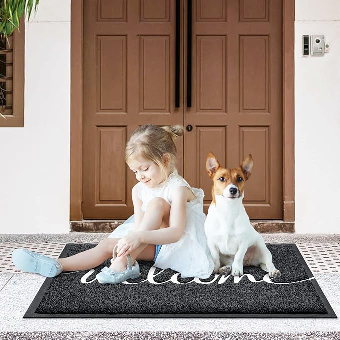 CozyBounty Black Door Mat Welcome Mats Outdoor Indoor Non-Slip Doormat for Entryway Low-Profile Floor Mat for Yard, Garage, High Traffic Areas (36"x24", Black)