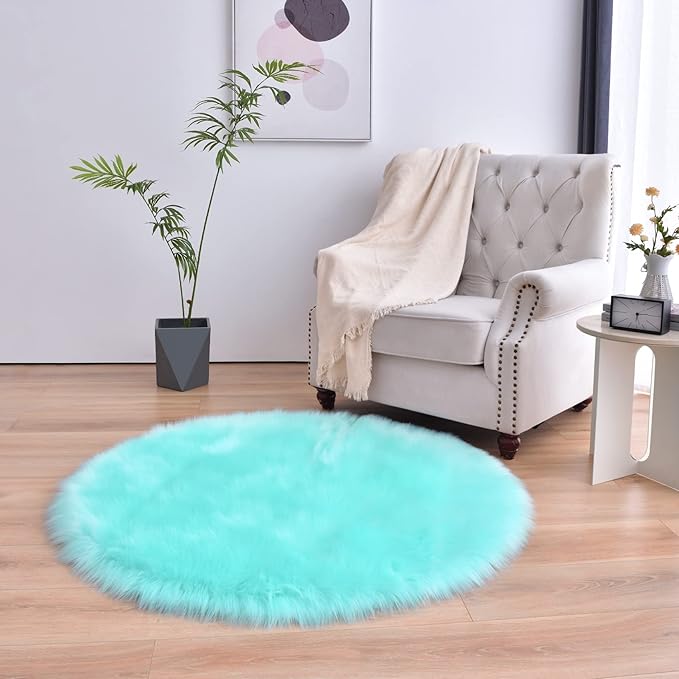 duduta Turquoise Blue Faux Sheepskin Round Rug 4x4 ft, Fluffy Shag Fur Bedroom Nursery Kids Playroom Rug Dorm Decor Non Slip Washable