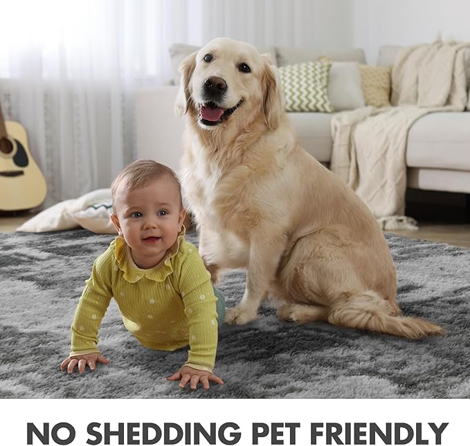 8x10 Ft Extra Large Shag Rugs for Living Room, Tie Dyed Ultra Soft Fluffy Furry Area Rugs for Bedroom Indoor Floor, Aesthetic Carpet for Kids Home Decor (Grey)