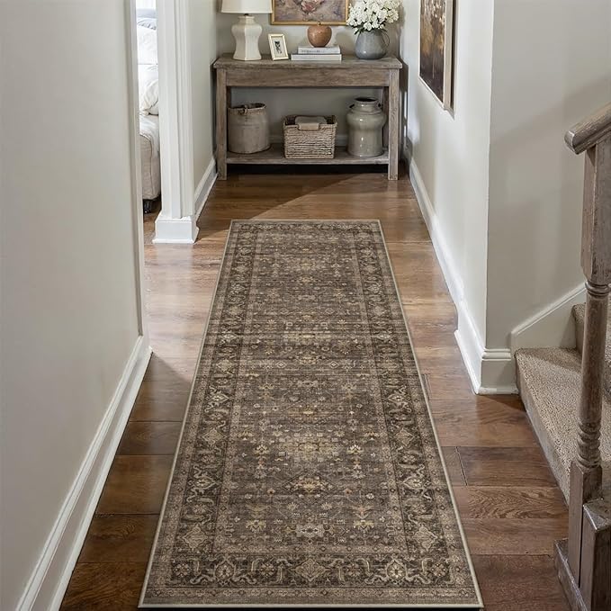 2x7 Washable Runner Rug for Hallway Kitchen Vintage Brown Non Slip Low Pile Carpet Traditional Retro Soft Throw Rug for Bathroom Bedroom Entryway Indoor Entrance
