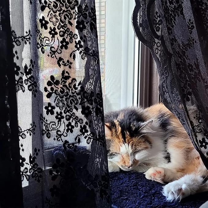 YJ YANJUN Vintage Lace Curtains 54 inch Length Victorian Floral Pattern Goth Halloween Short Black Sheer Curtain Panels for Bathroom Kitchen Window Coffin/Witchy/Gothic Home Decor W52 x L54 Inch